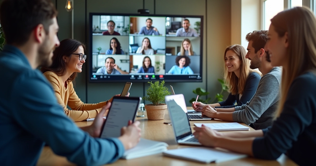 Pessoas em reunião virtual em computadores e tablets, demonstrando atenção e envolvimento 