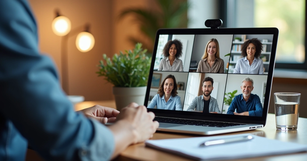 Equipe em reunião virtual com líder ouvindo atentamente