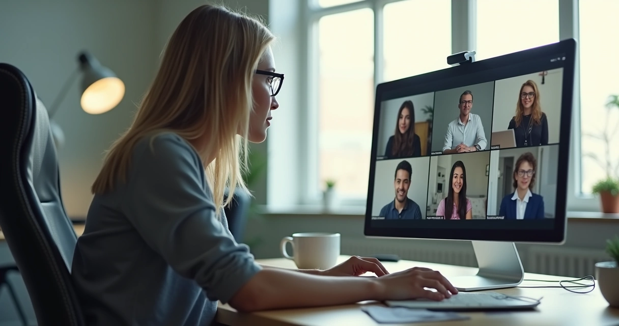 Pessoa sentada em frente ao notebook, prestando atenção em uma videoconferência 