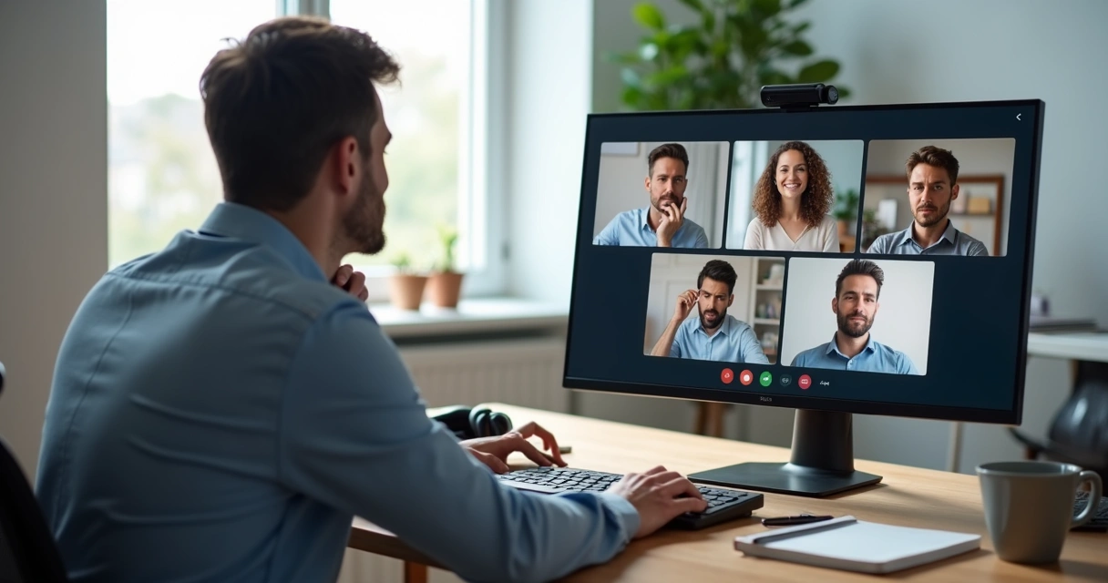 Profissional em reunião virtual observando expressões nas janelas de videochamada 