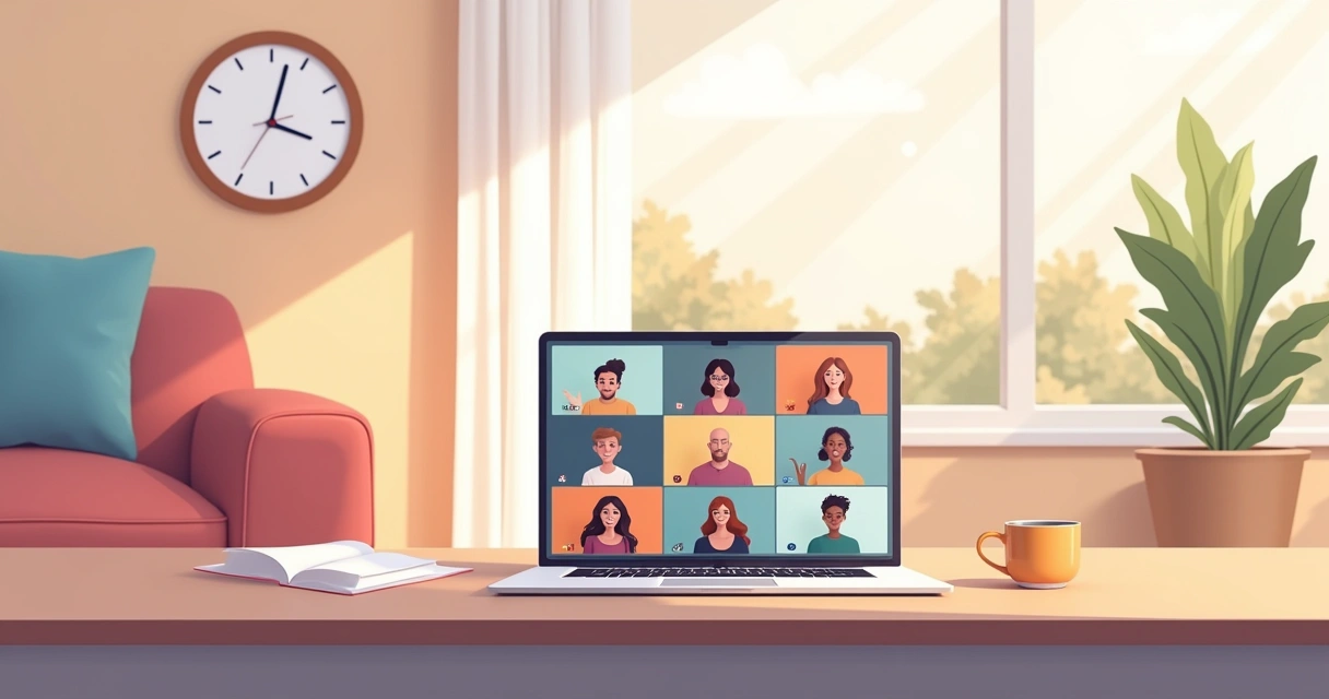 Reunião virtual em casa com laptop, participantes na tela, ambiente acolhedor e moderno.