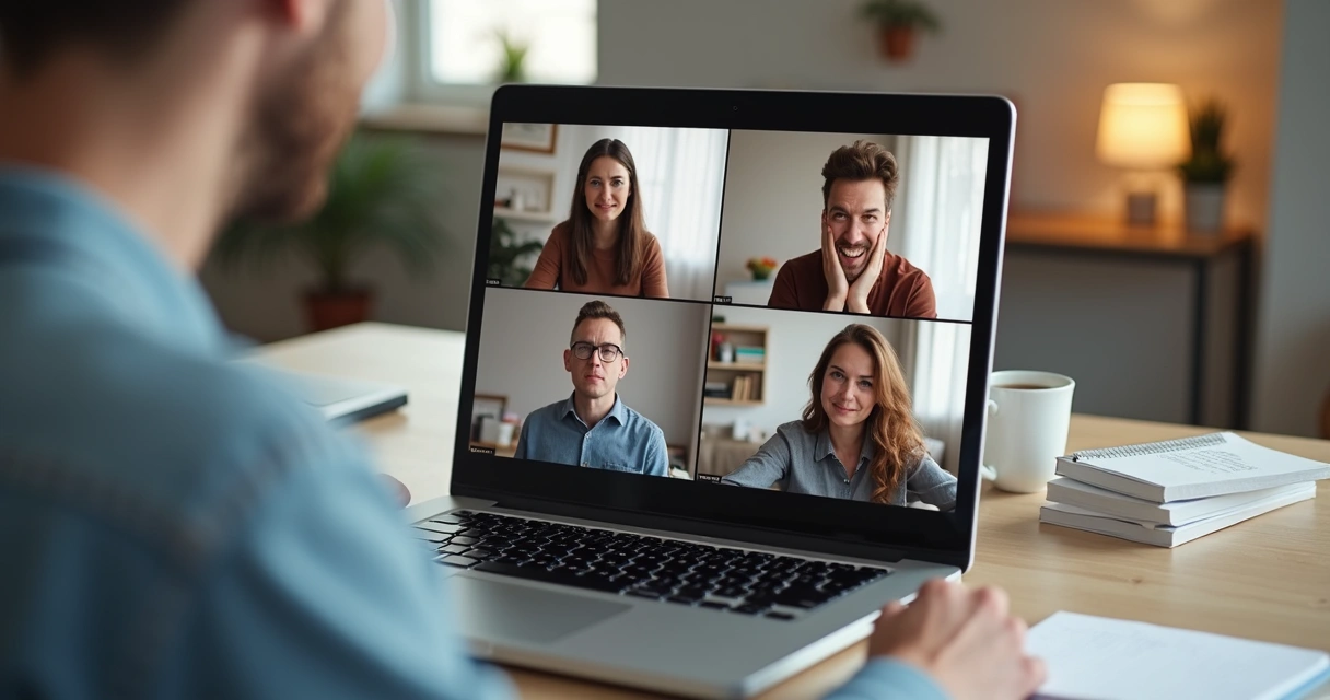 Participantes em reunião virtual exibindo reações emocionais diversas na tela 
