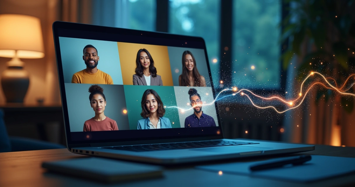 Participantes de videoconferência conectados por ondas coloridas representando emoções 