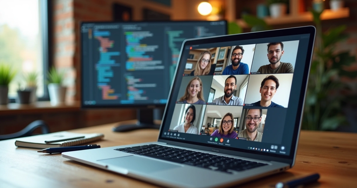 Time de TI em reunião virtual colaborando em notebooks 