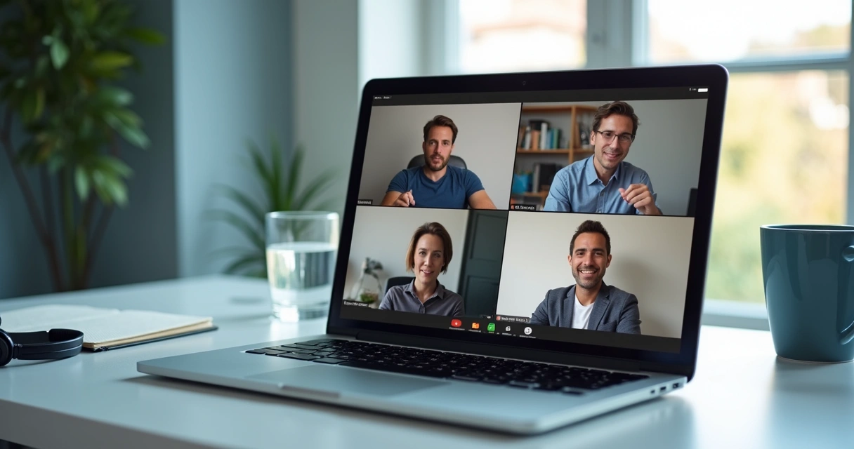 Tela de videoconferência com participantes e expressões de tensão