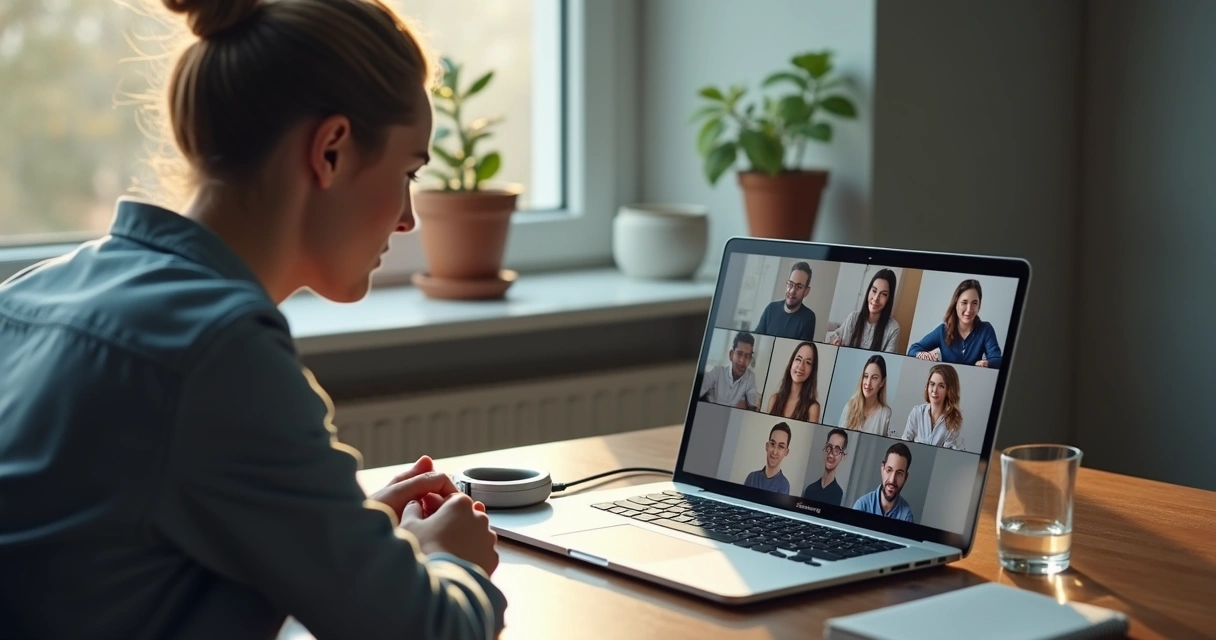 Pessoa em reunião virtual olhando para a própria imagem na tela 