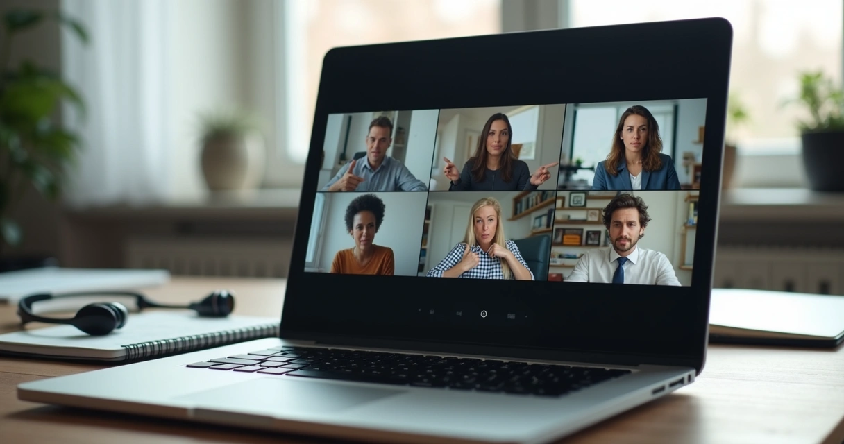 Equipe em reunião virtual com sinais de tensão 
