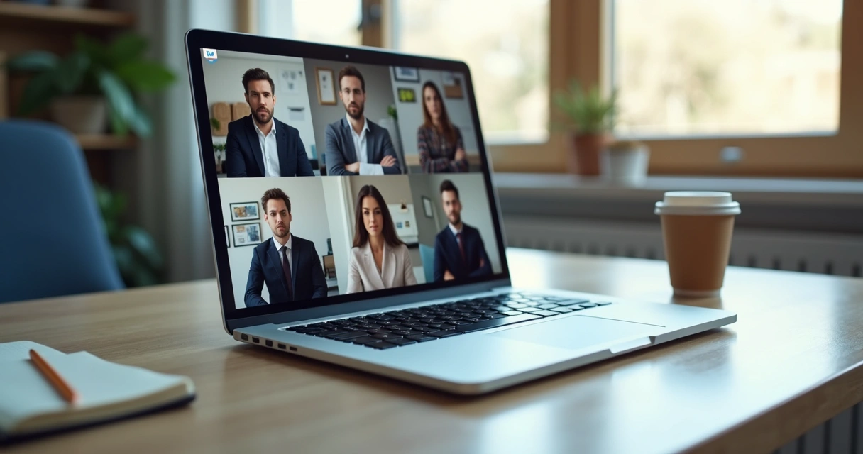 Equipe em reunião virtual com expressões contidas na tela do computador 