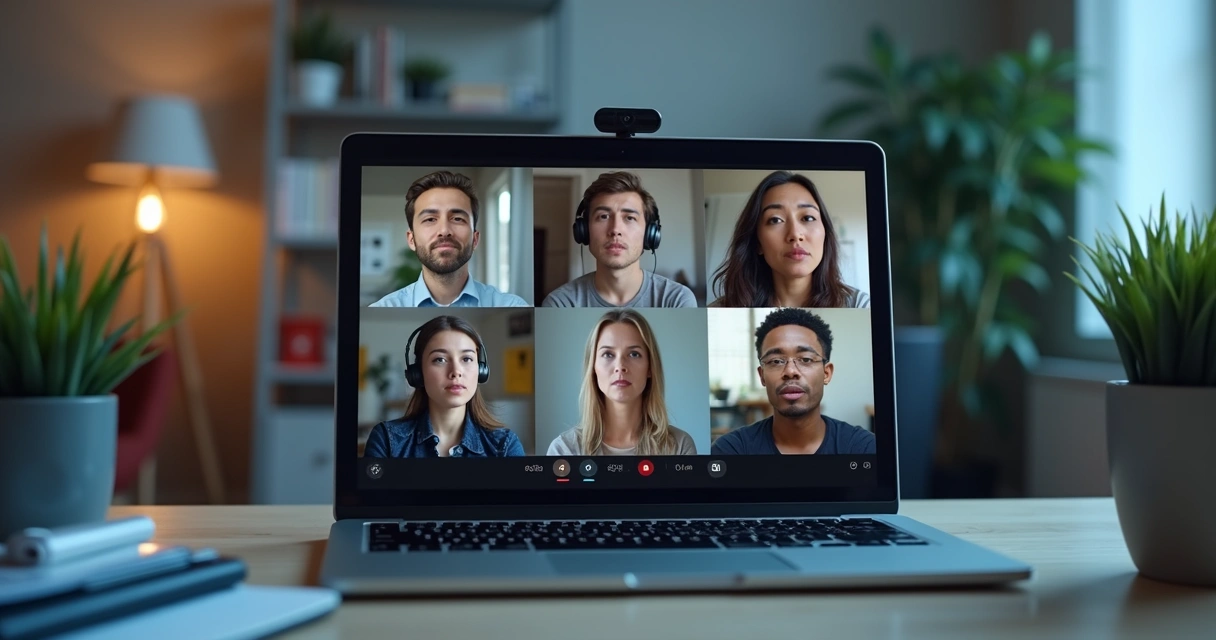 Grupo em reunião virtual observando uma fala dominante na tela 