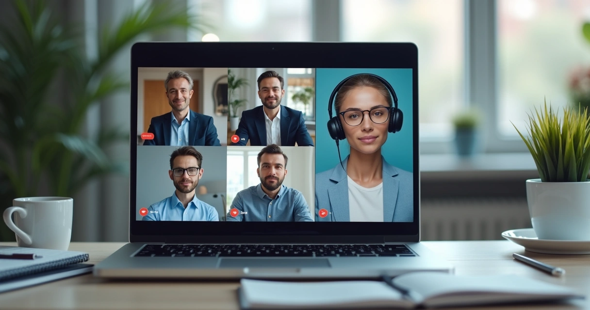 Equipe em chamada de vídeo com sinais de tensão e comparação 