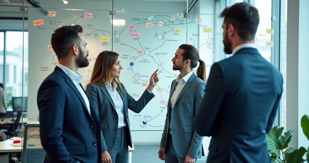 Profissionais observando conexões em quadro estratégico 