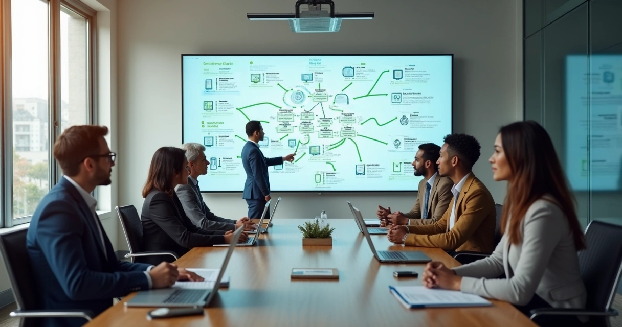 Equipe em reunião observando painel com conexões e indicadores