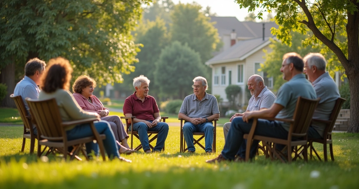 Vizinhos sentados em roda em uma reunião ao ar livre em bairro residencial com árvores