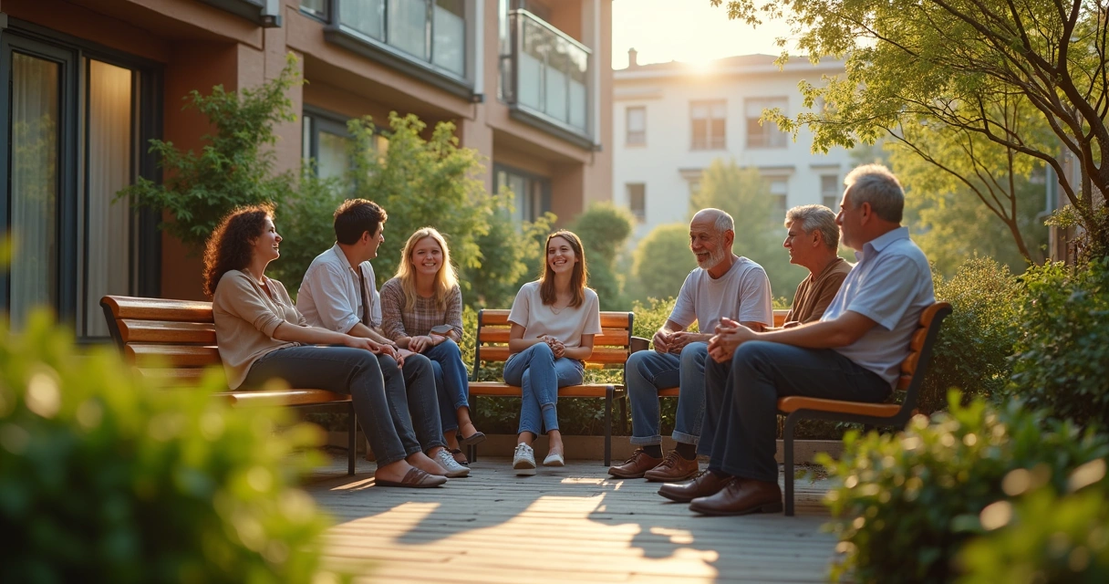 Vizinhos reunidos conversando em jardim de prédio 