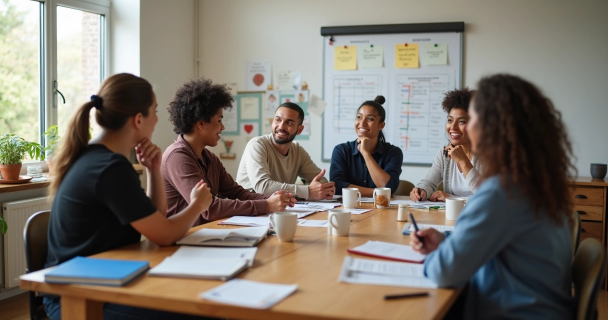 Grupo em reunião definindo metas de voluntariado