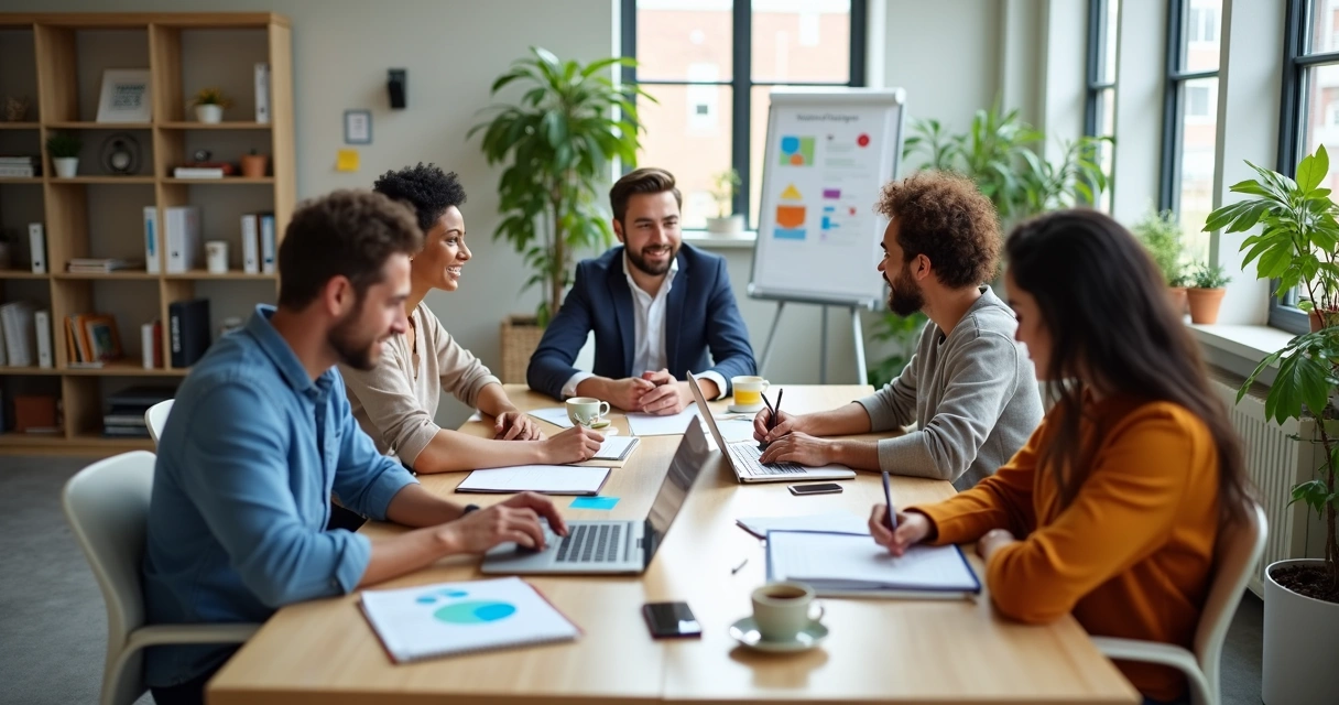Equipe diversa em reunião de voluntariado corporativo com laptops e anotações em mesa de madeira clara 