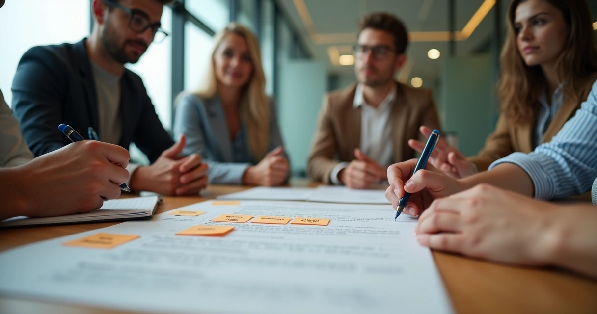 Equipo revisando un acuerdo en una mesa de trabajo
