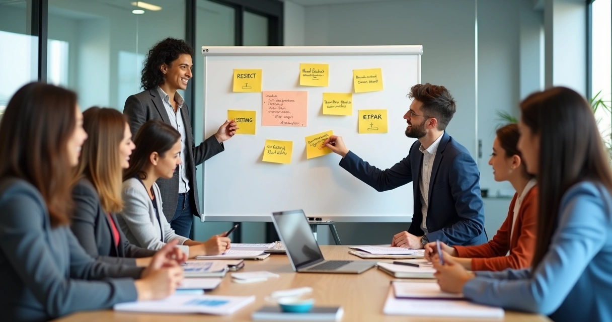 Equipo reunido definiendo acuerdos en una sala de trabajo 