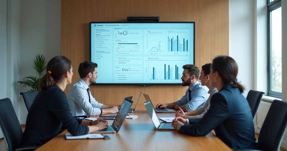 Equipo reunido revisando acuerdos en una pantalla compartida 