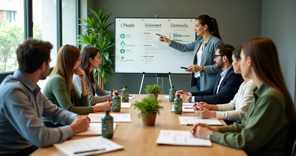Equipo revisando objetivos éticos en una mesa de trabajo 