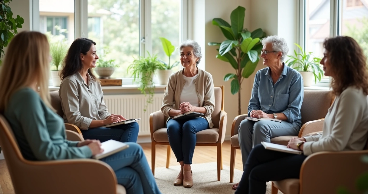 Personas reunidas en círculo compartiendo apoyo comunitario
