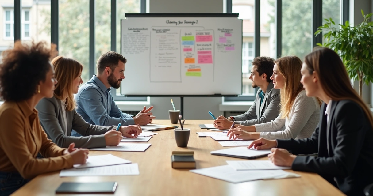 Equipo reunido revisando notas y aprendizajes compartidos