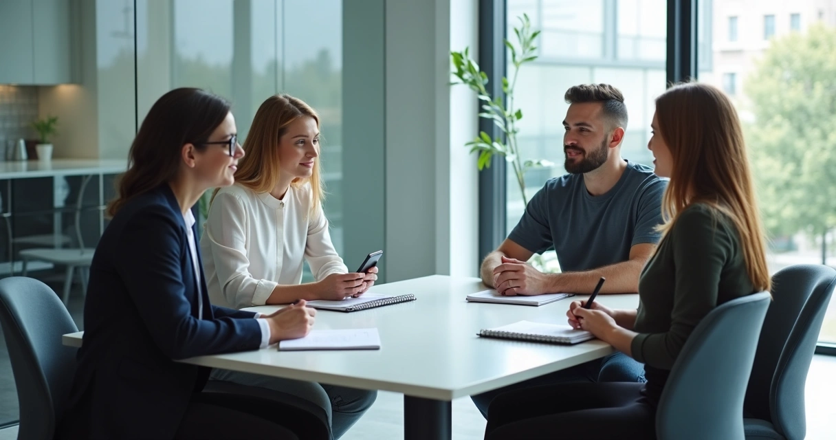 Equipo en reunión escuchando con atención y calma 