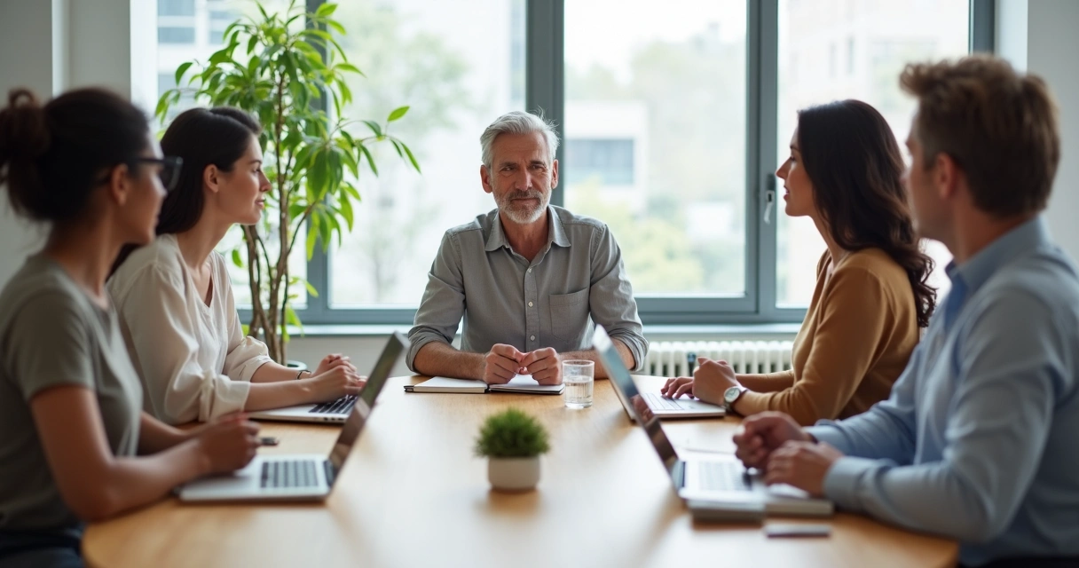 Personas en una reunión de trabajo practicando atención plena alrededor de una mesa redonda 