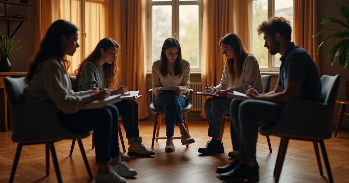 Grupo reunido en círculo practicando autoconfrontación consciente. 