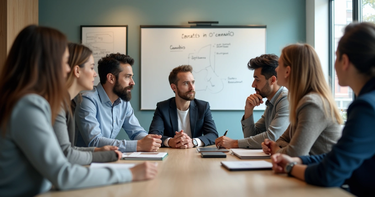 Reunión de equipo compartiendo autocrítica en una oficina moderna 