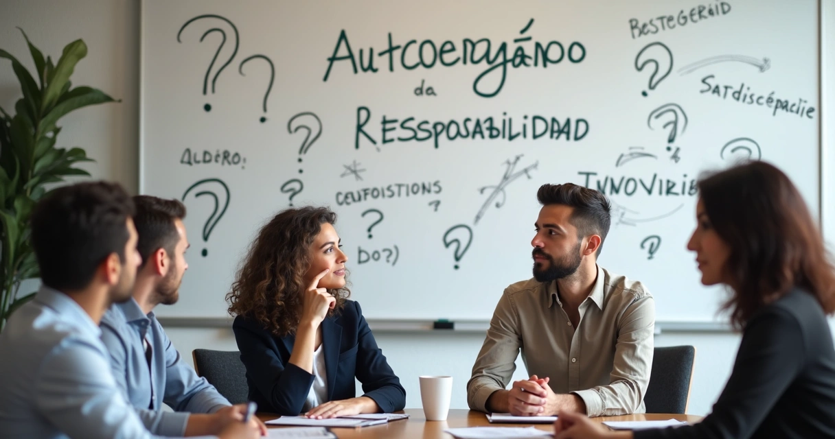 Equipo corporativo reflexionando sobre responsabilidad y autoengaño