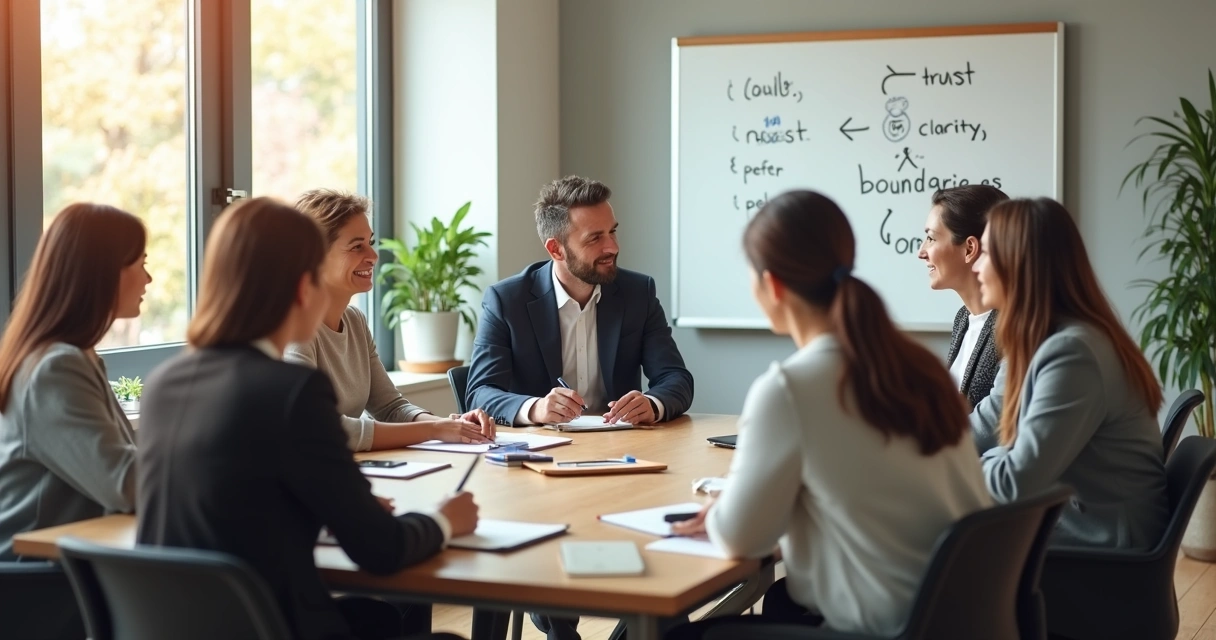 Equipo conversando en una reunión de bienestar laboral