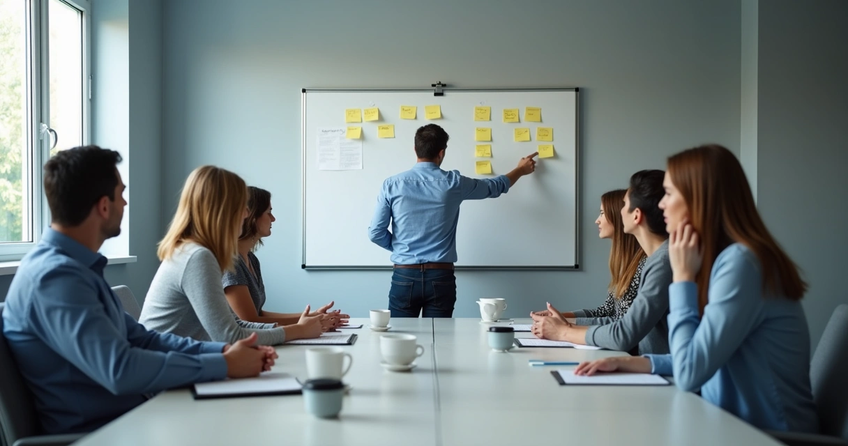 Personas en reunión con gestos de duda frente a notas en una pared