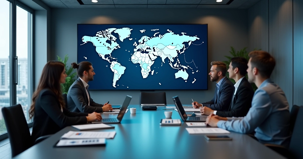 Reunión de equipo revisando una cadena de suministro global 