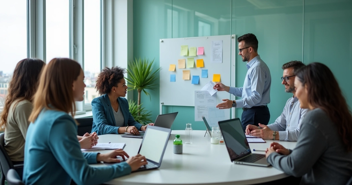 Equipo reunido alrededor de una mesa compartiendo ideas y revisando notas