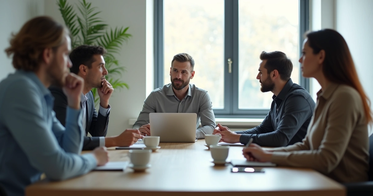 Grupo en reunión con gesto de tensión tras un comentario 