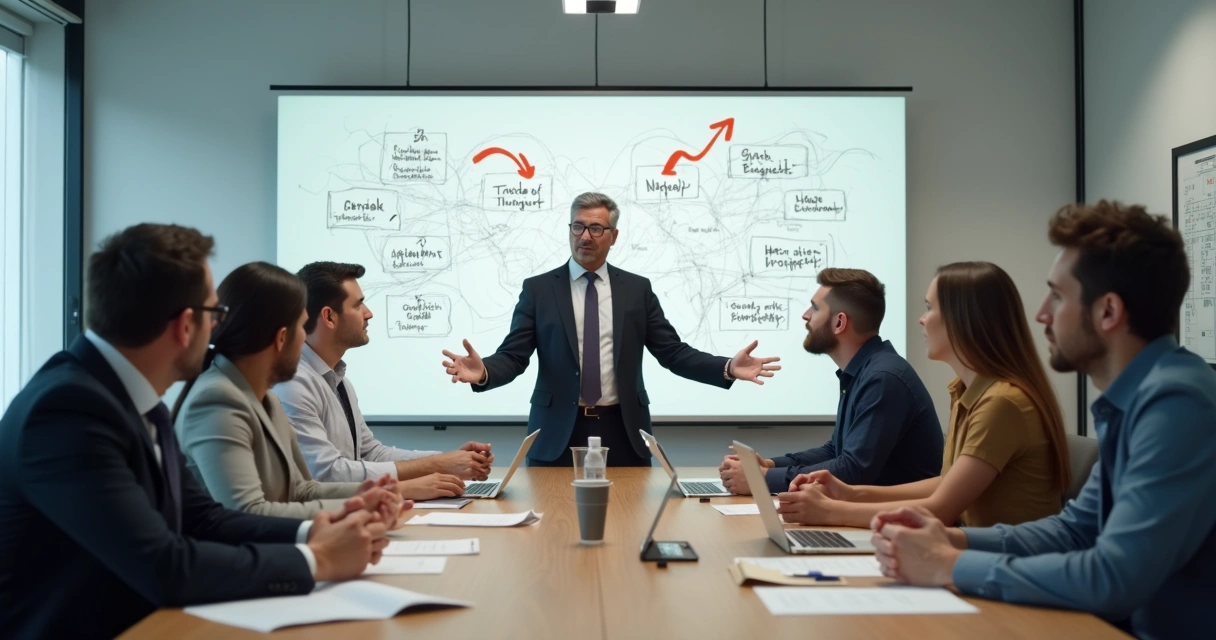 Reunión de empleados confundidos revisando notas y pantallas 