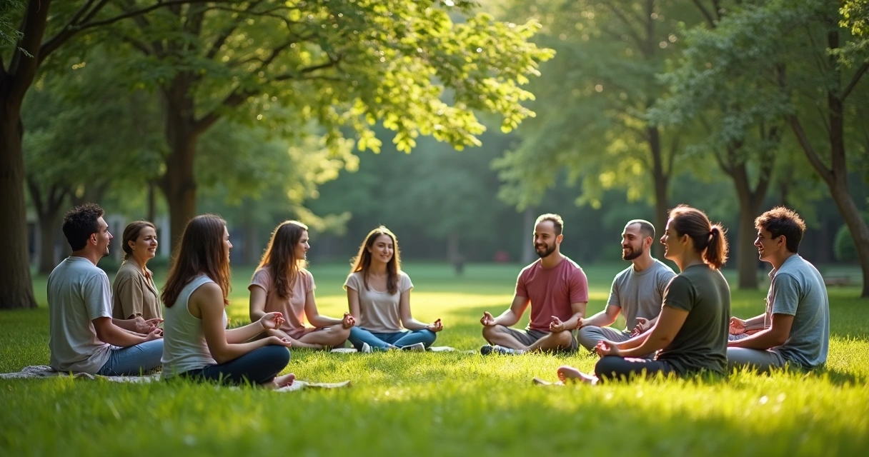 Personas sentadas en círculo sobre el césped meditando y compartiendo en calma