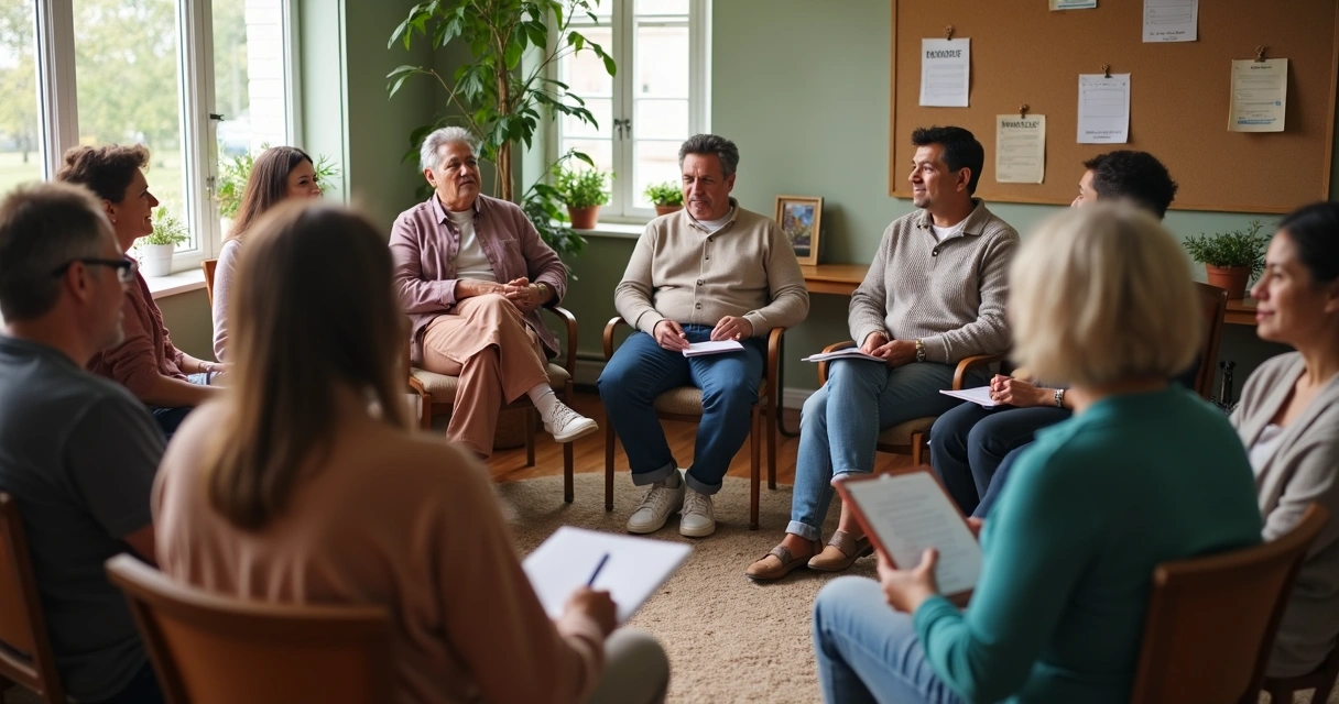 Reunión comunitaria en círculo con diálogo y escucha activa 