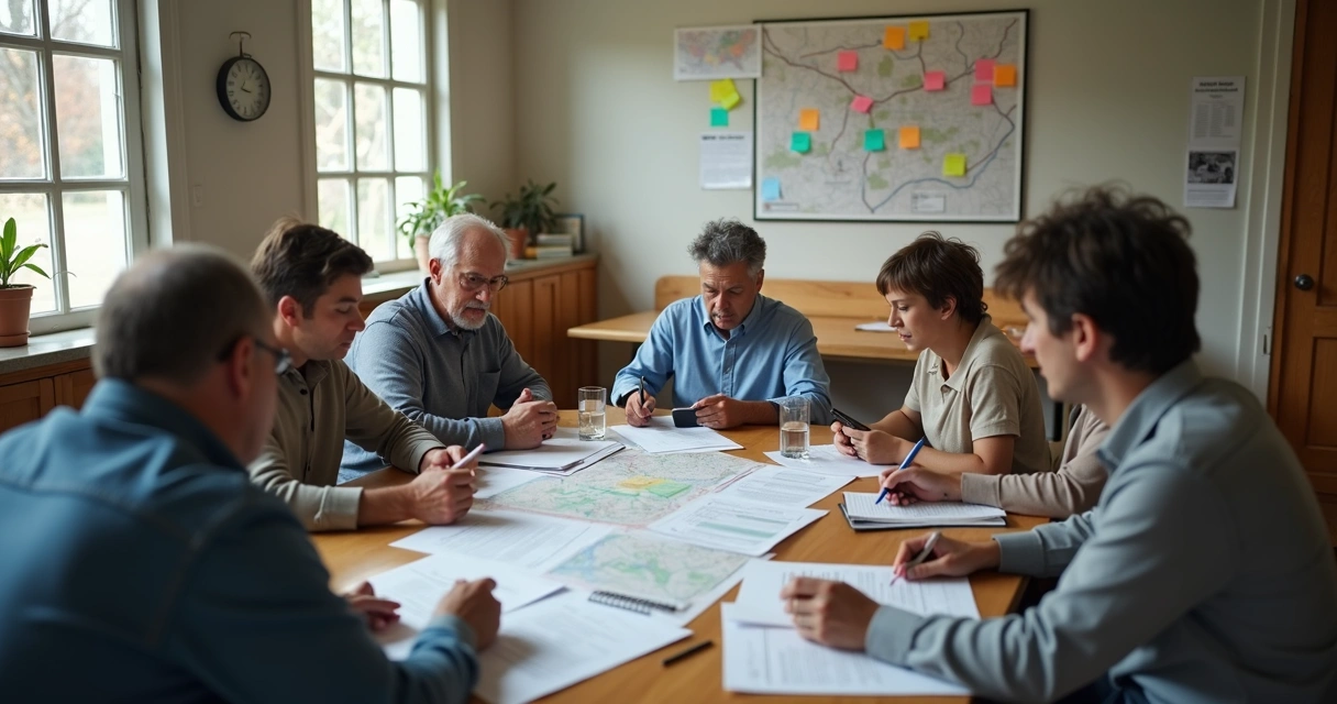 Personas reunidas en una mesa revisando mapas y notas tras una crisis social 