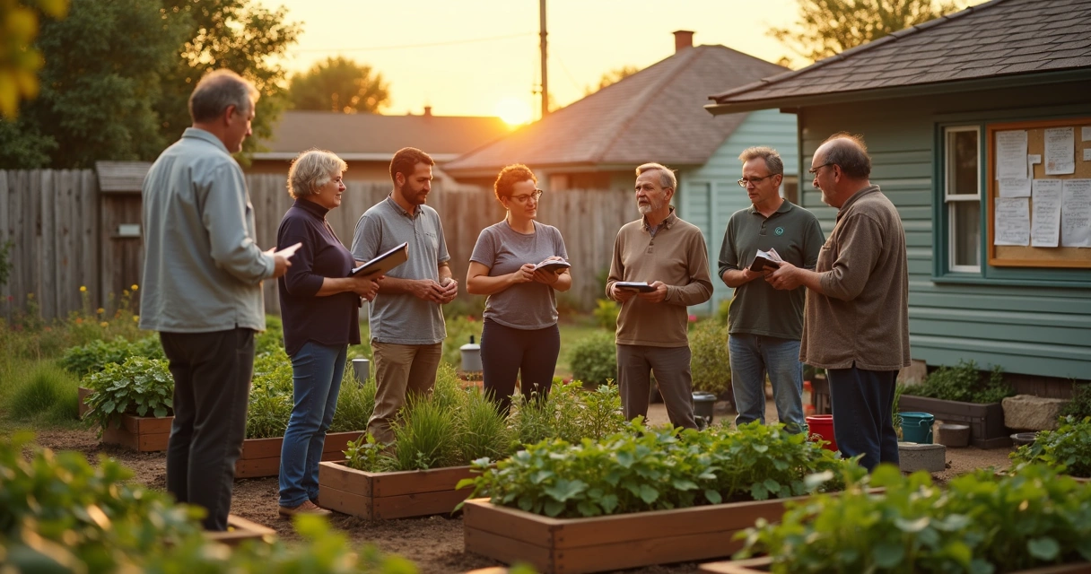 Vecinos reunidos junto a una huerta comunitaria al atardecer