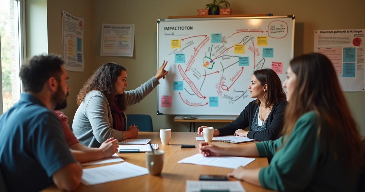 Equipo revisando objetivos de un proyecto social en reunión comunitaria 
