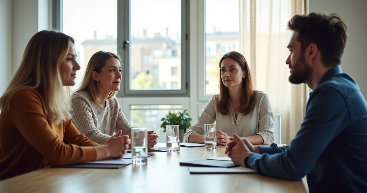 Grupo en reunión con lenguaje corporal sereno y atento