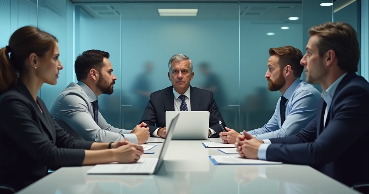 Equipo en reunión con tensión y opiniones ignoradas 