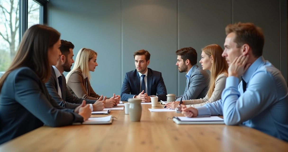 Equipo reunido con gestos tensos alrededor de una mesa 