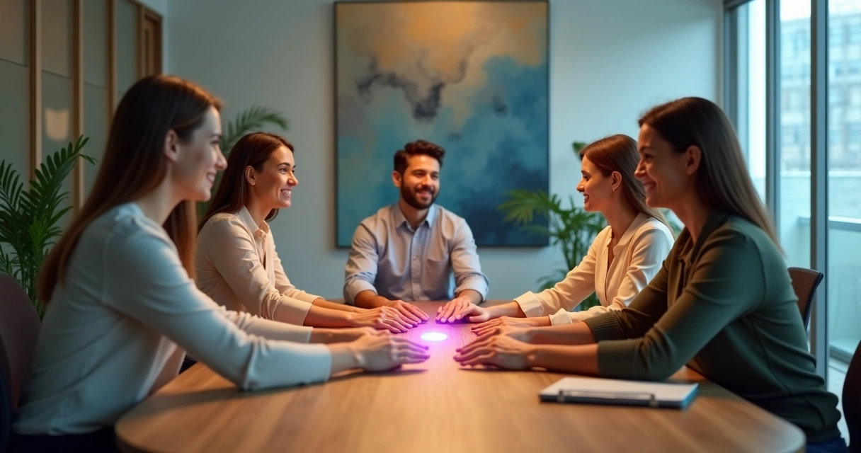 Equipo de trabajo en círculo iluminado por arcoiris suave sobre mesa 