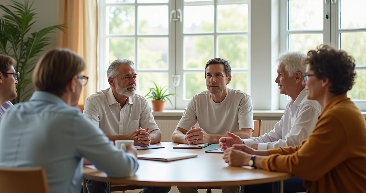 Personas dialogando en círculo en un espacio luminoso 