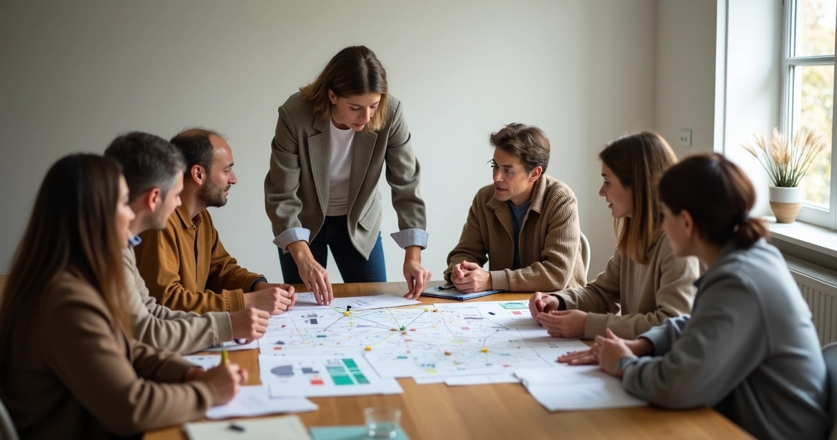Grupo en reunión comunitaria observando un mapa de relaciones