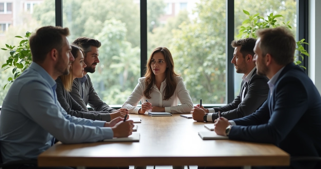 Equipo en reunión consciente con escucha activa 