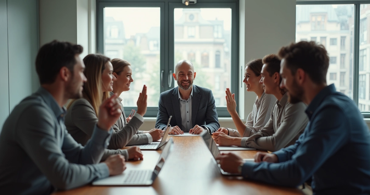 Grupo en reunión con acuerdo aparente y tensión no visible 